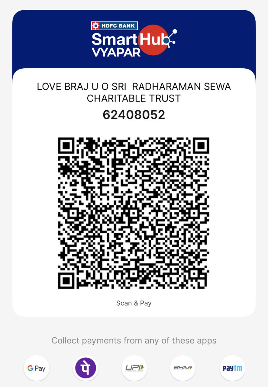 A QR code payment page for Love Braj U O Sri Radharamana Sewa Charitable Trust via HDFC Bank SmartHub Vyapar, showing the account number 62408052 and payment options like GPay, PhonePe, UPI, BHIM, and Paytm.